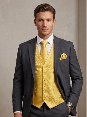 NWT | DiBanGu Gold Paisley Formal V-Neck Suit Vest & Accessories Set XXL